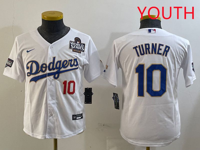 Youth Los Angeles Dodgers #10 Turner White Gold Game 2025 Nike MLB Jersey style 5